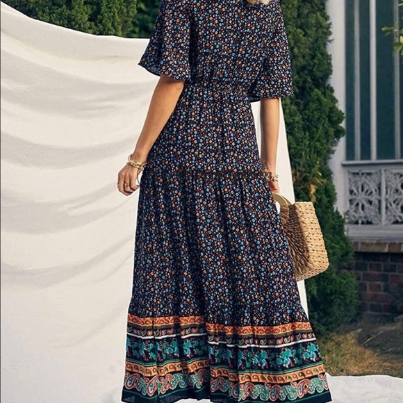 COPY - Floral Print V Neck Short Sleeve Summer Boho High Waist Long Maxi Dress.… - Picture 2 of 5